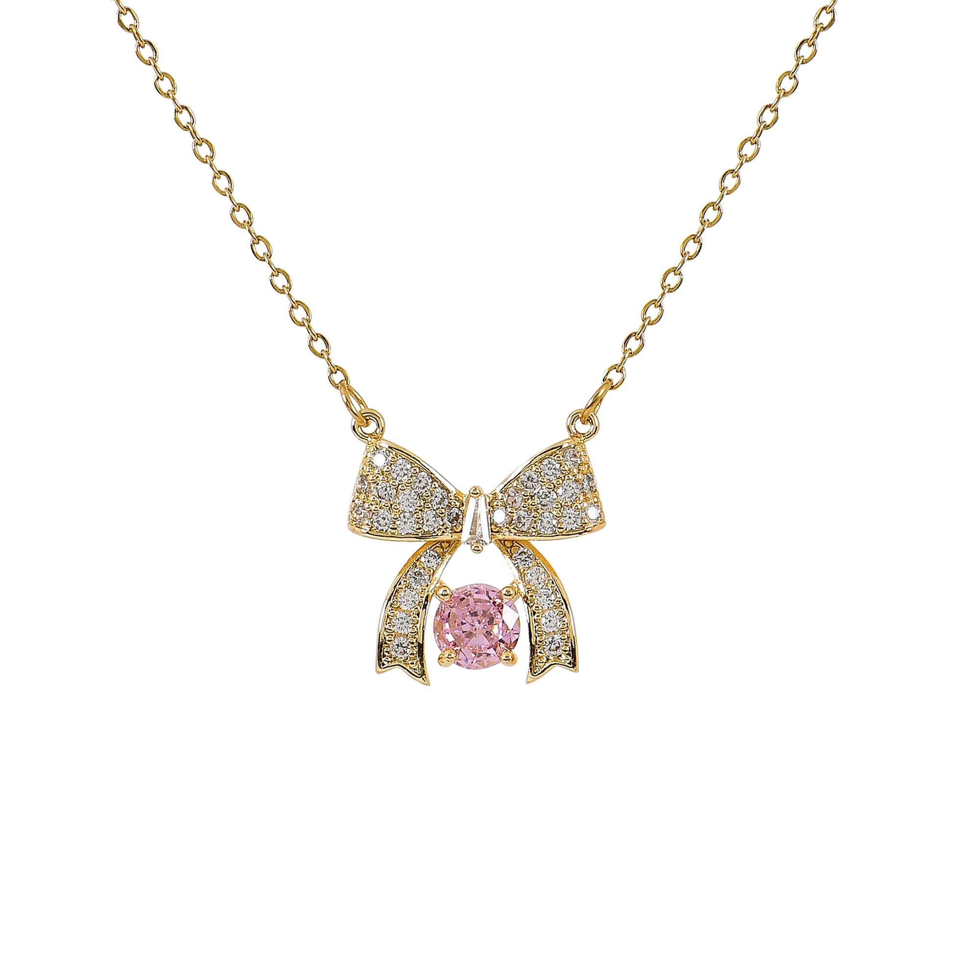 Gold Pink CZ Bow Necklace for Women – a cute and stylish design, perfect for fashion-forward necklaces for girls