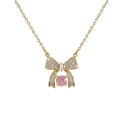 Gold Pink CZ Bow Necklace for Women – a cute and stylish design, perfect for fashion-forward necklaces for girls