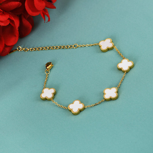 Golden White Clover Bracelet featuring one of the latest bracelet designs for women with a minimalist touch